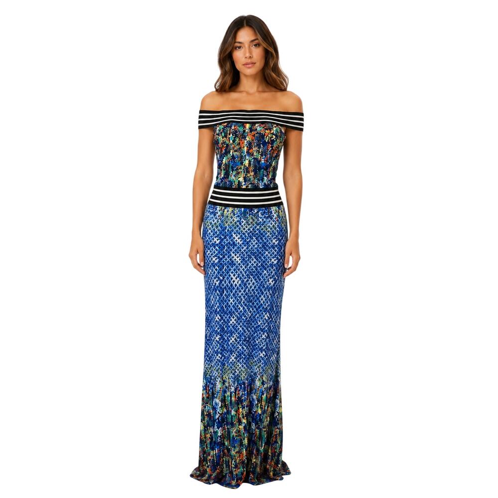 Palacio Stretch Knit Off Shoulder Abstract  Maxi Dress Blue Multicolor Size L